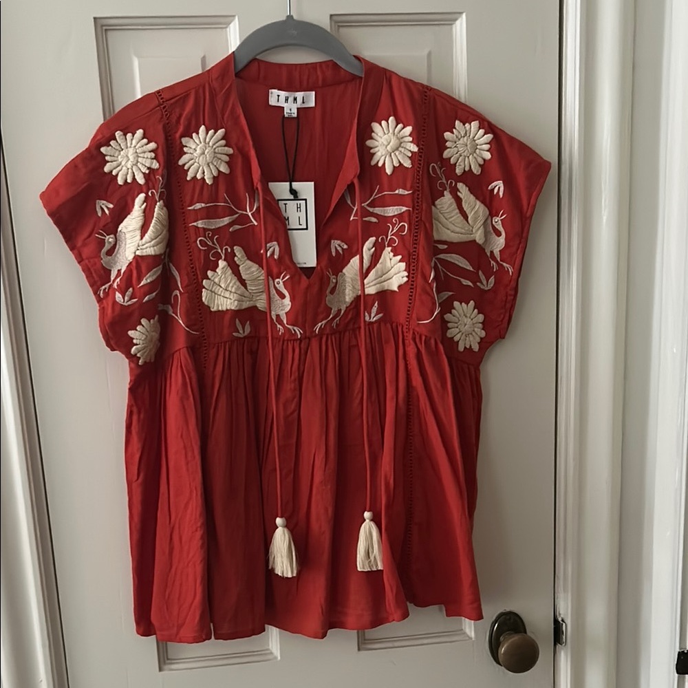THML reddish orange Peasant Blouse with Cream Embroidery